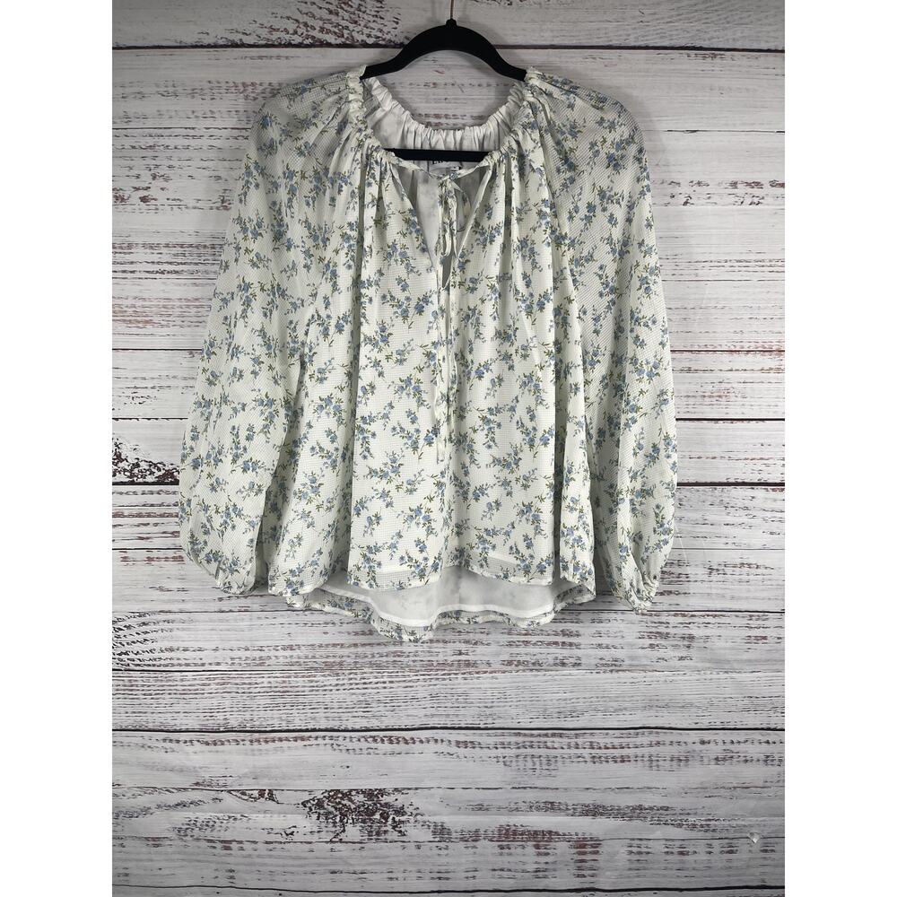 En Saison Blouse Women's Size S White Blue Floral Long Sleeve Peasant Top Boho